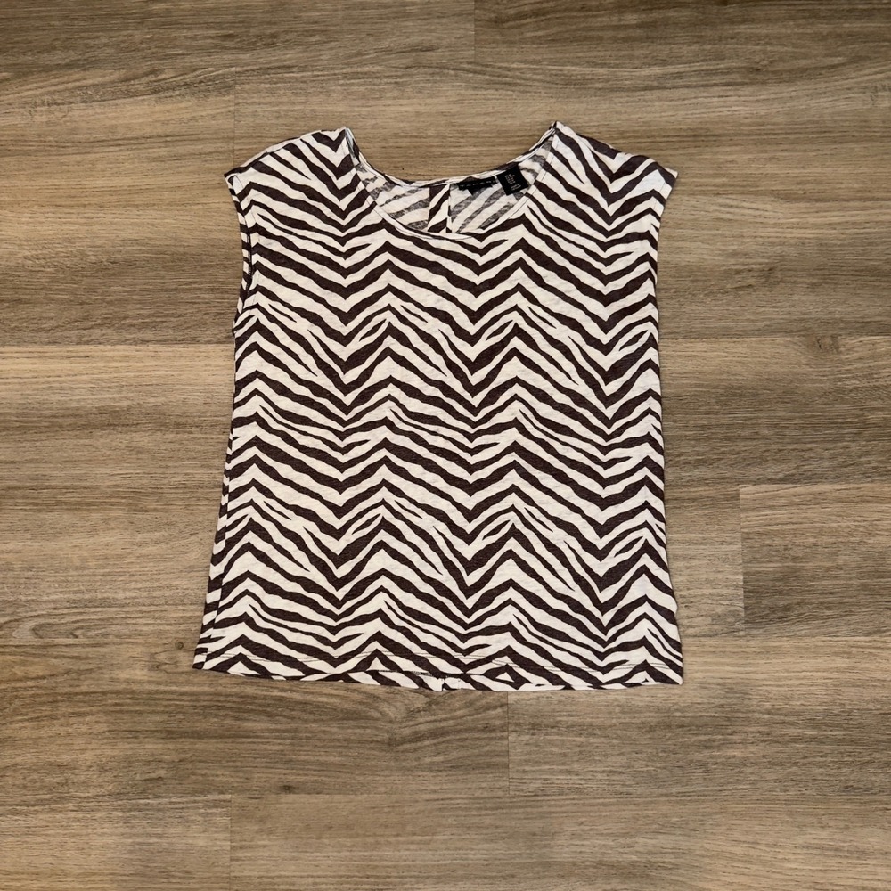 Tahari Zebra Print Linen Sleeveless Blouse Brown Ivory Button Back M